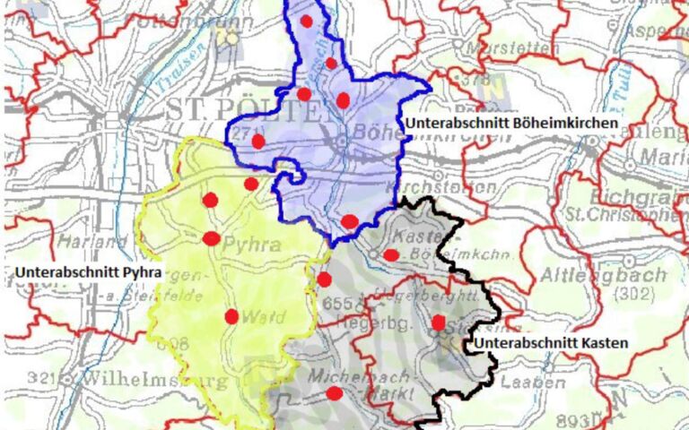 Landkarte mit verschiedenfarbig hinterlegten Gebietsumrissen der Unterabschnitte